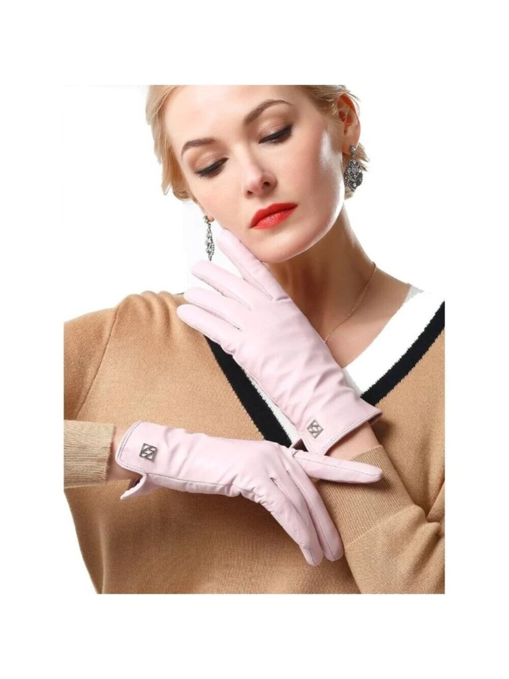 ❤️Women's Pink Italian Leather Gloves Lambskin Winter Comfort Gloves